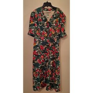 Markwald Floral Print Midi Dress Red Yellow Green SS V Neck Button Front 12